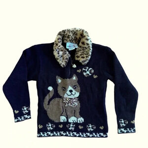 Vintage HEARTWORKS Sweater Cat Long Sleeve Faux Fur Collar Animal Print Black 5